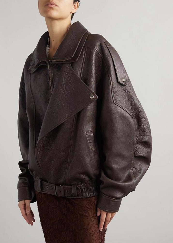 Oversized Faux Leather Bomber Jacket with Asymmetrical Zipper