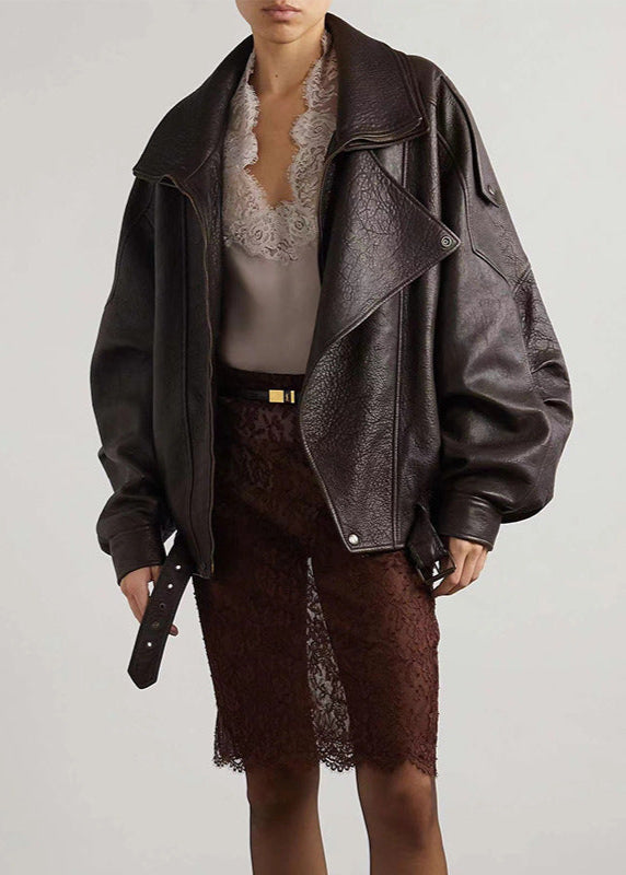 Oversized Faux Leather Bomber Jacket with Asymmetrical Zipper