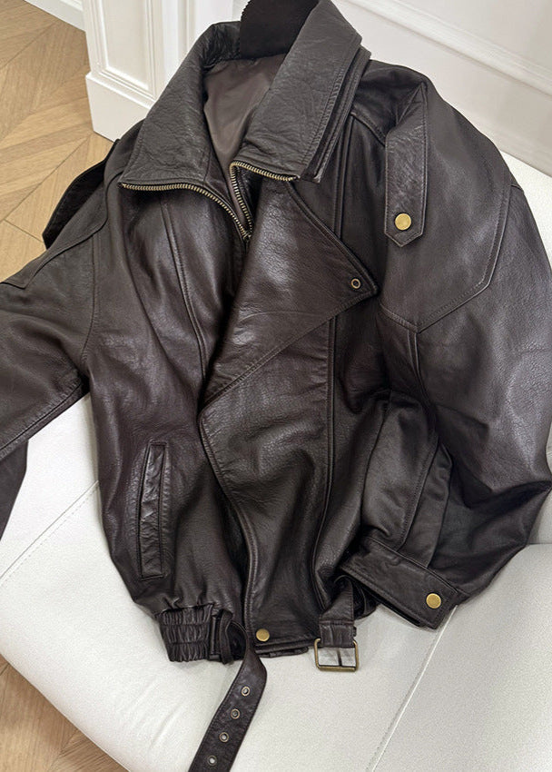 Oversized Faux Leather Bomber Jacket with Asymmetrical Zipper