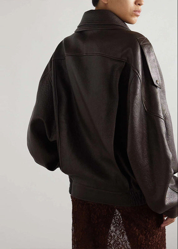 Oversized Faux Leather Bomber Jacket with Asymmetrical Zipper