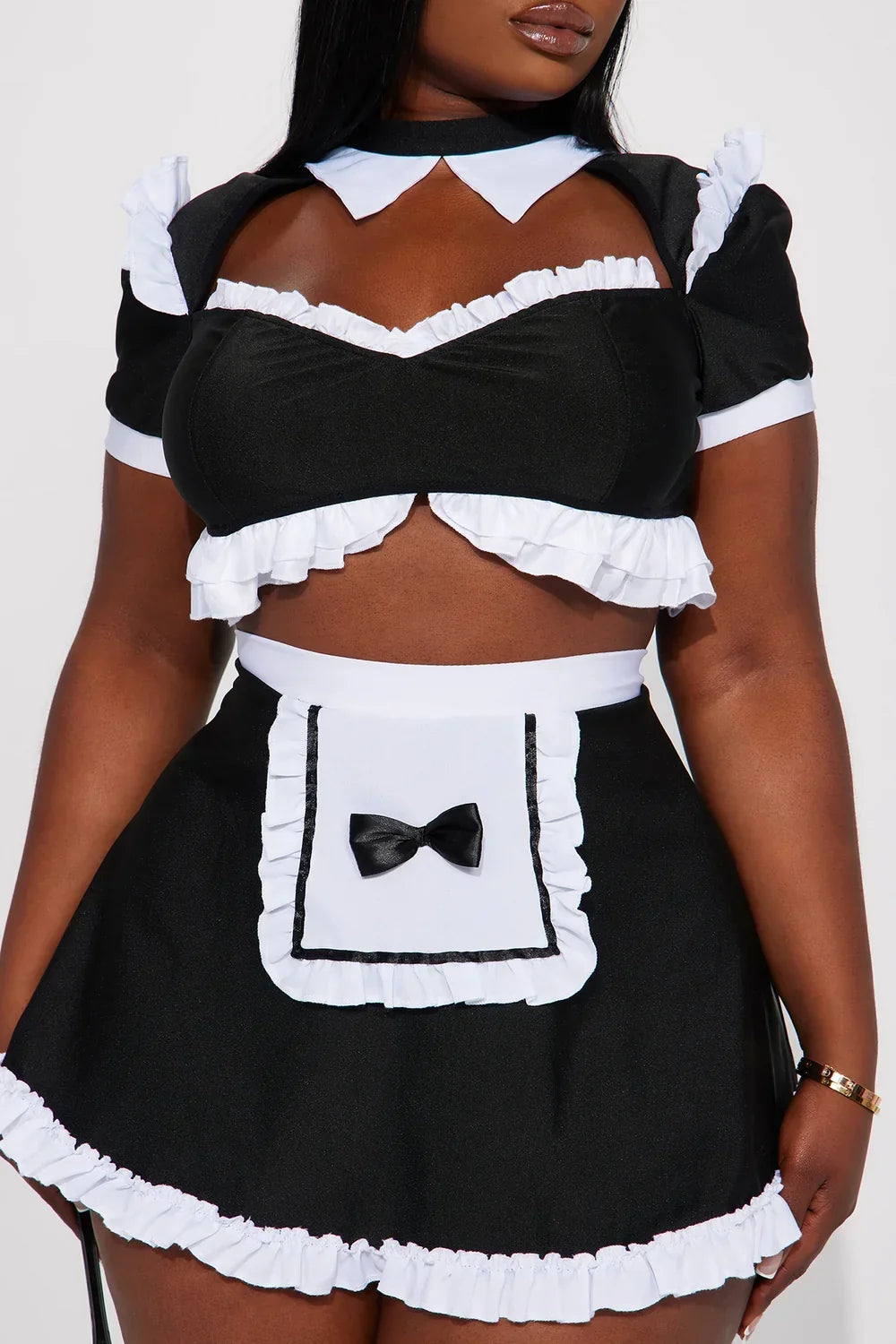 Four Piece Maid Dress Costume with Apron and Headpiece, Neck Collar Included