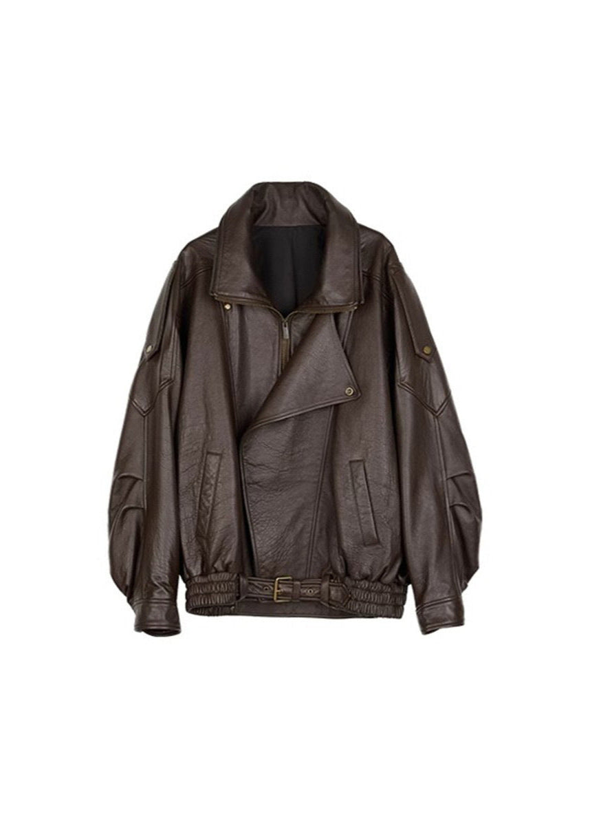 Oversized Faux Leather Bomber Jacket with Asymmetrical Zipper