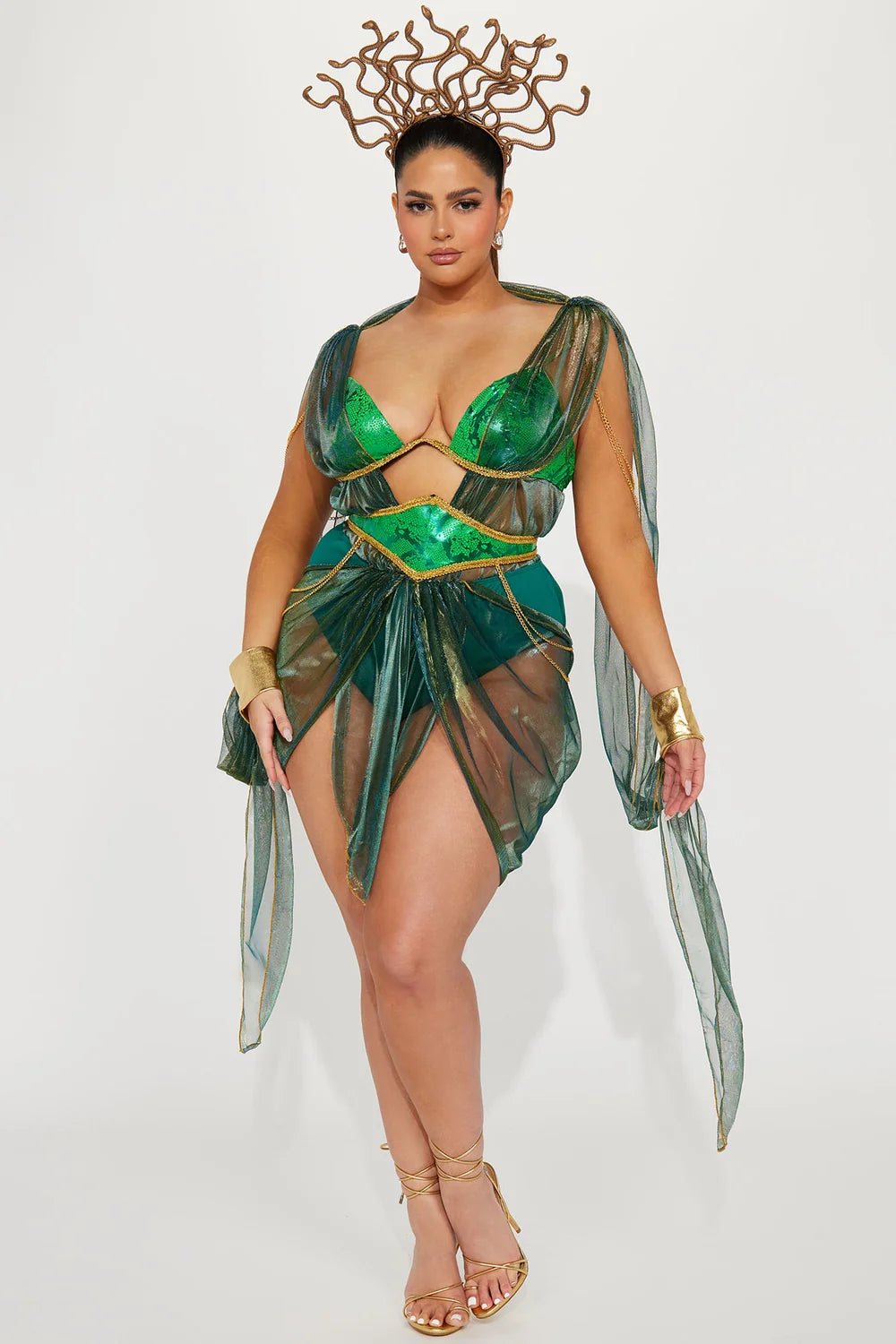 Mythological Snake Goddess Halloween Costume with Metallic Scale Print and Serpent Headpiece