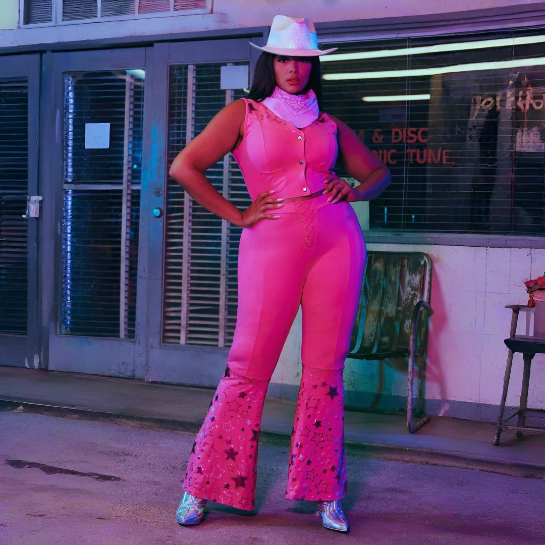 Pink Cowgirl Costume with Bell Bottom Chaps and Matching Bandana Set