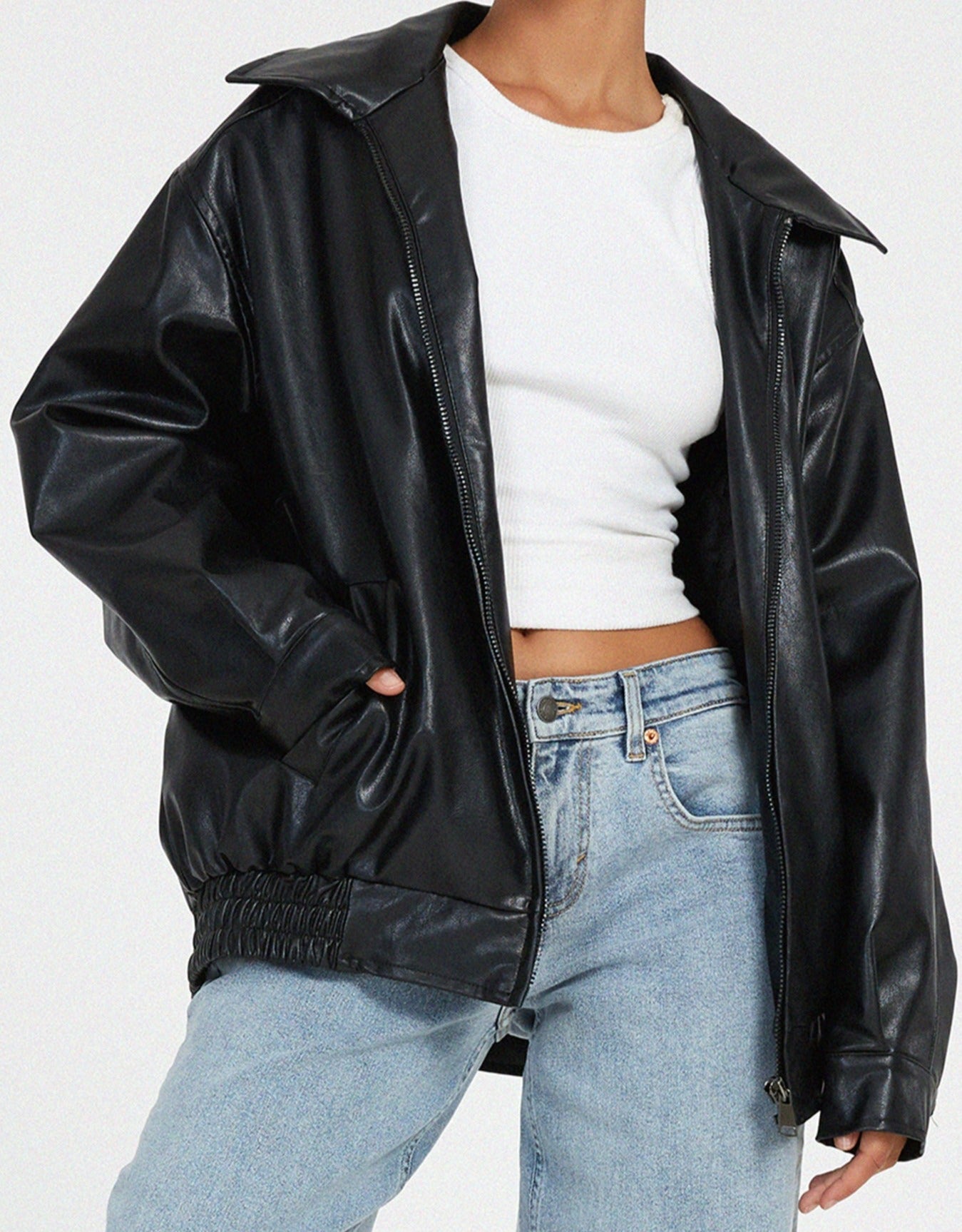 Oversized Leather Bomber Jacket with Boxy Dropped Shoulders and Elastic Hem for Women
