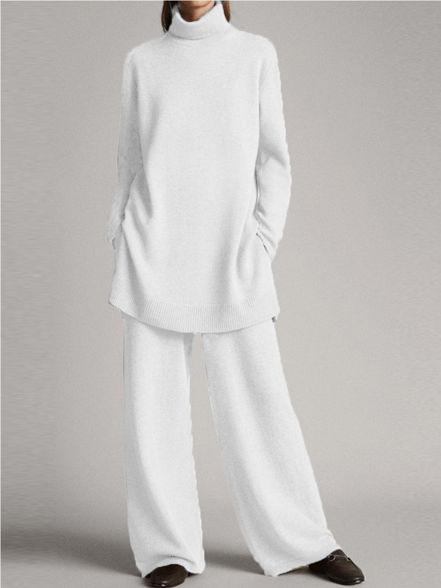 Women's Two-Piece Lounge Set with High Neck and Wide-Leg Pants, Relaxed Knit