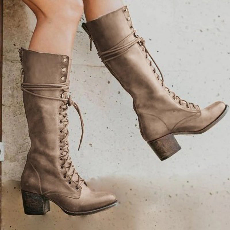 Knee High Lace Up Boots with Block Heel and Cushioned Insole, Synthetic Leather