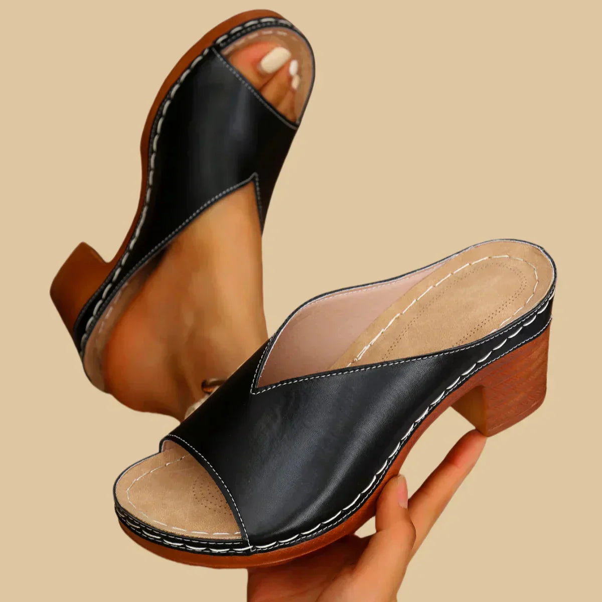 Orthopedic Slip-On Sandals with Cushioned Sole and Wooden Heel, Open Toe