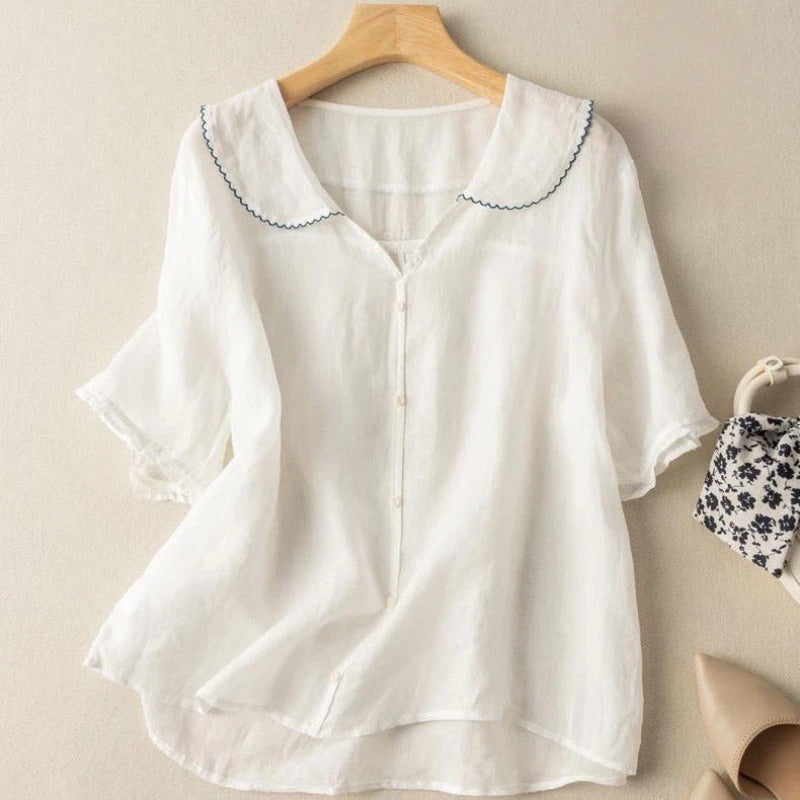 Women's Vintage Blouse with Scalloped Collar and Button Front, Lightweight Relaxed Fit