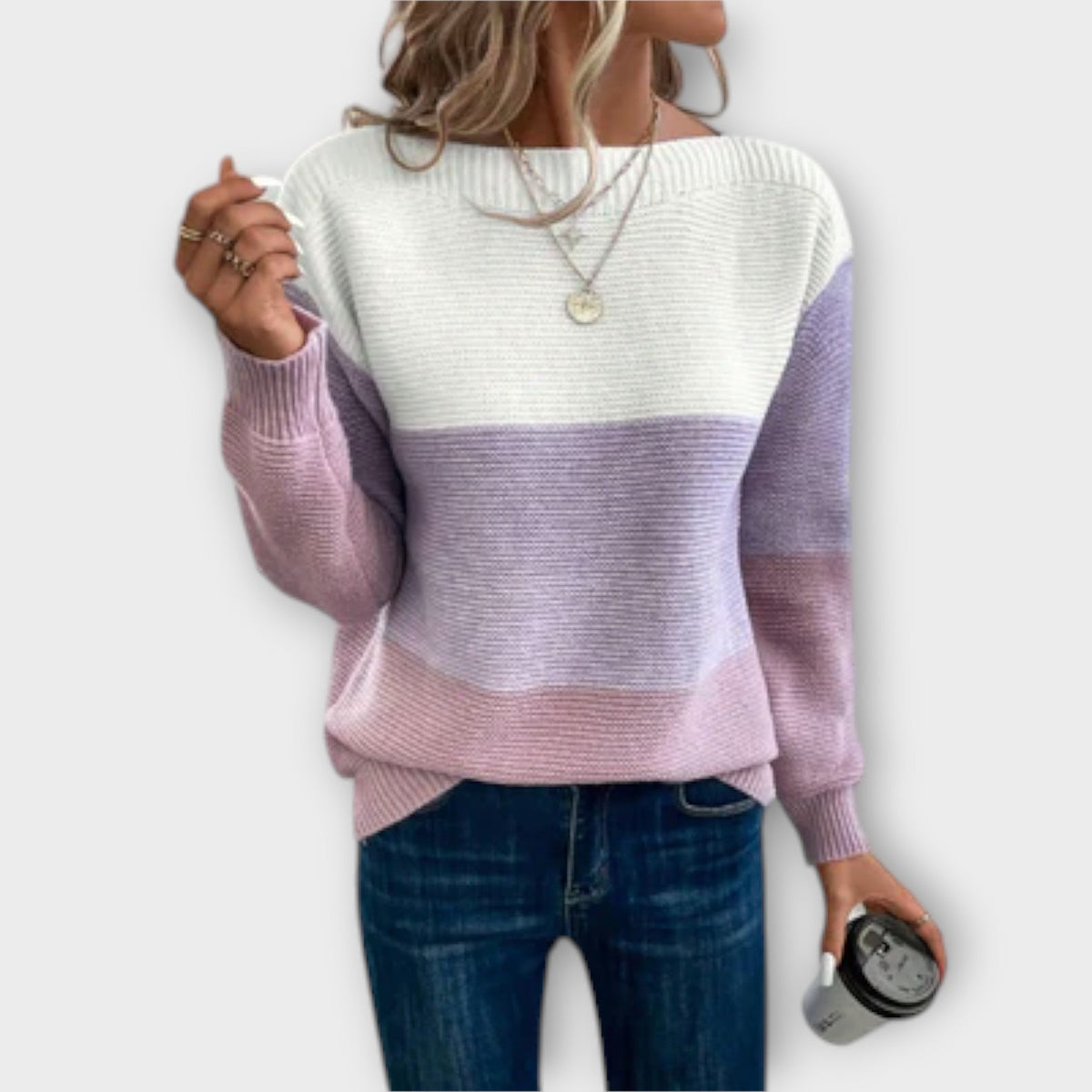 Color Block Sweater with Horizontal Stripes and Ribbed Texture, Wide Round Neckline