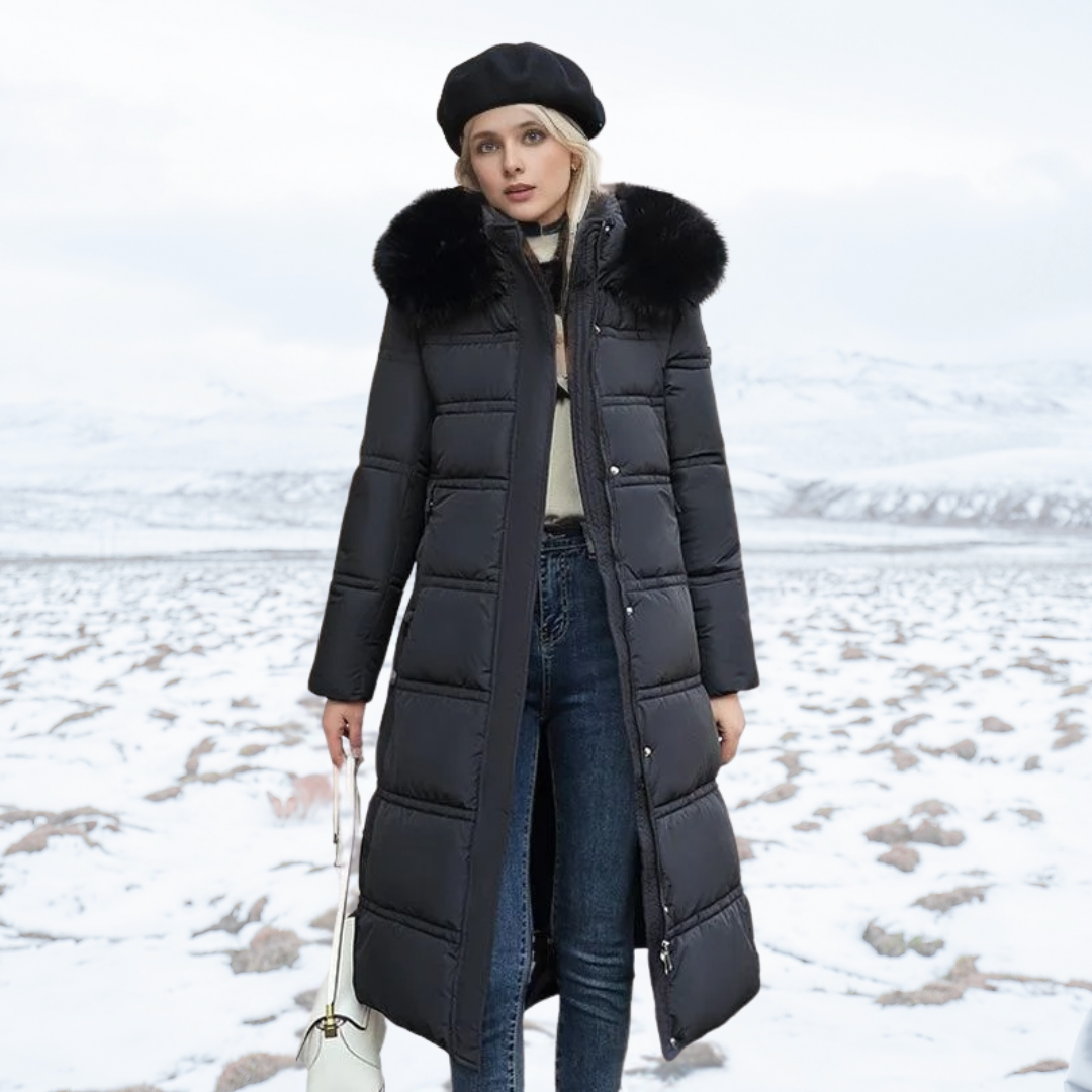Women's Long Puffer Coat with High Collar and Quilted Fill, Full-Length Zipper