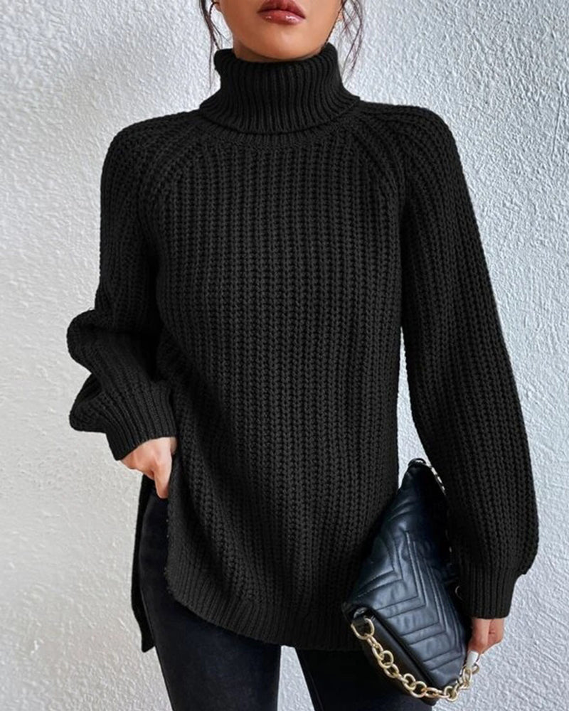 Women's Ribbed Turtleneck Sweater with Foldable Neck and Stretch Fit, Machine Wash