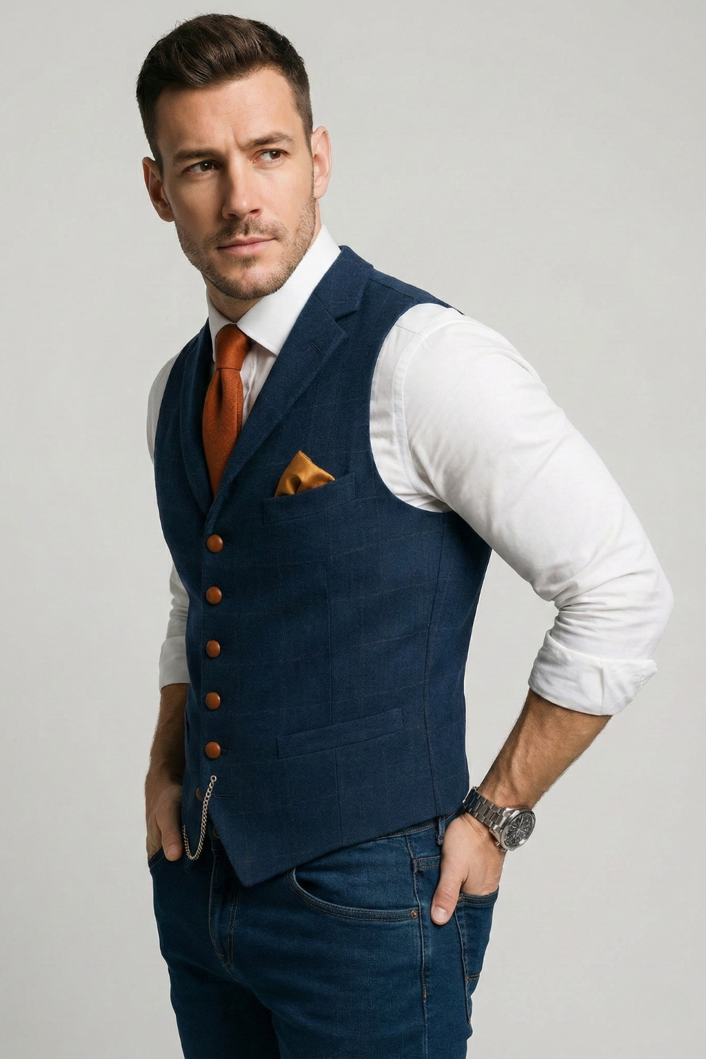 Men's Tweed Waistcoat with Notched Collar and Button Closure, Checked Silhouette