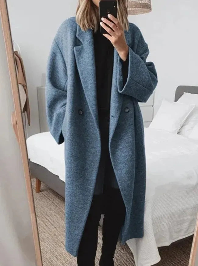 Women's Long Coat with Wool Blend and Double-Breasted Closure, Oversized Relaxed Fit