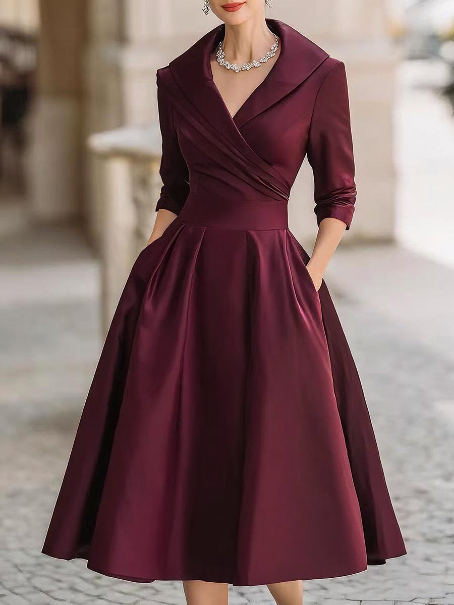 Satin-Like Midi Dress with Stretch Blend and Semi-Fitted Bodice, Mid-Calf Length