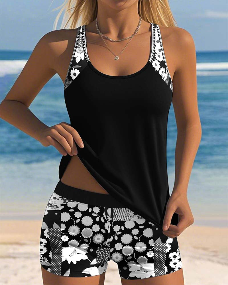Tank-Style Swimsuit with Adjustable Straps and Floral Shorts