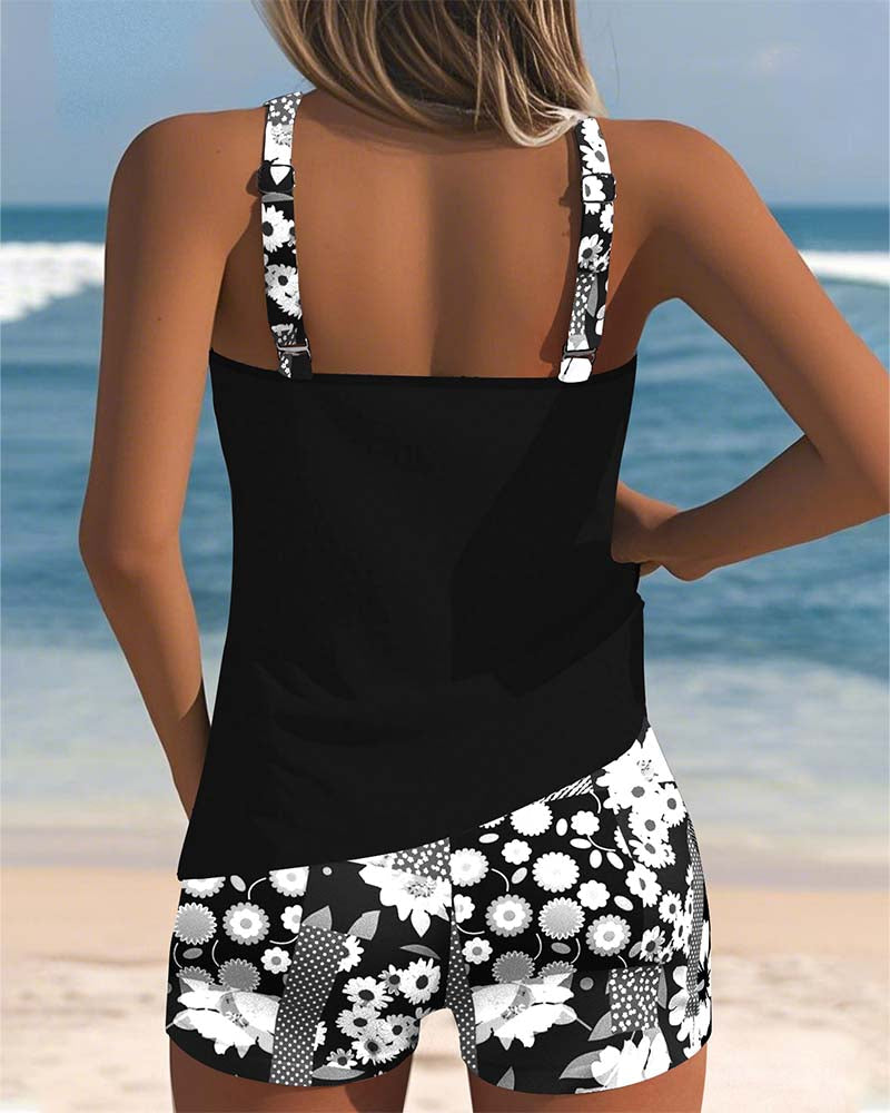 Tank-Style Swimsuit with Adjustable Straps and Floral Shorts