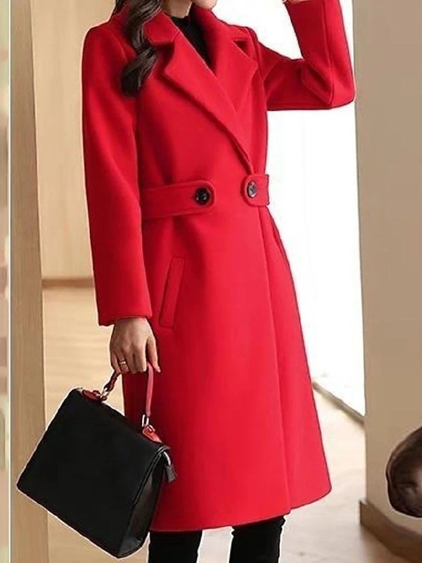 Women's Long Trench Coat with Wide Lapel Collar and Waist Tab Detail