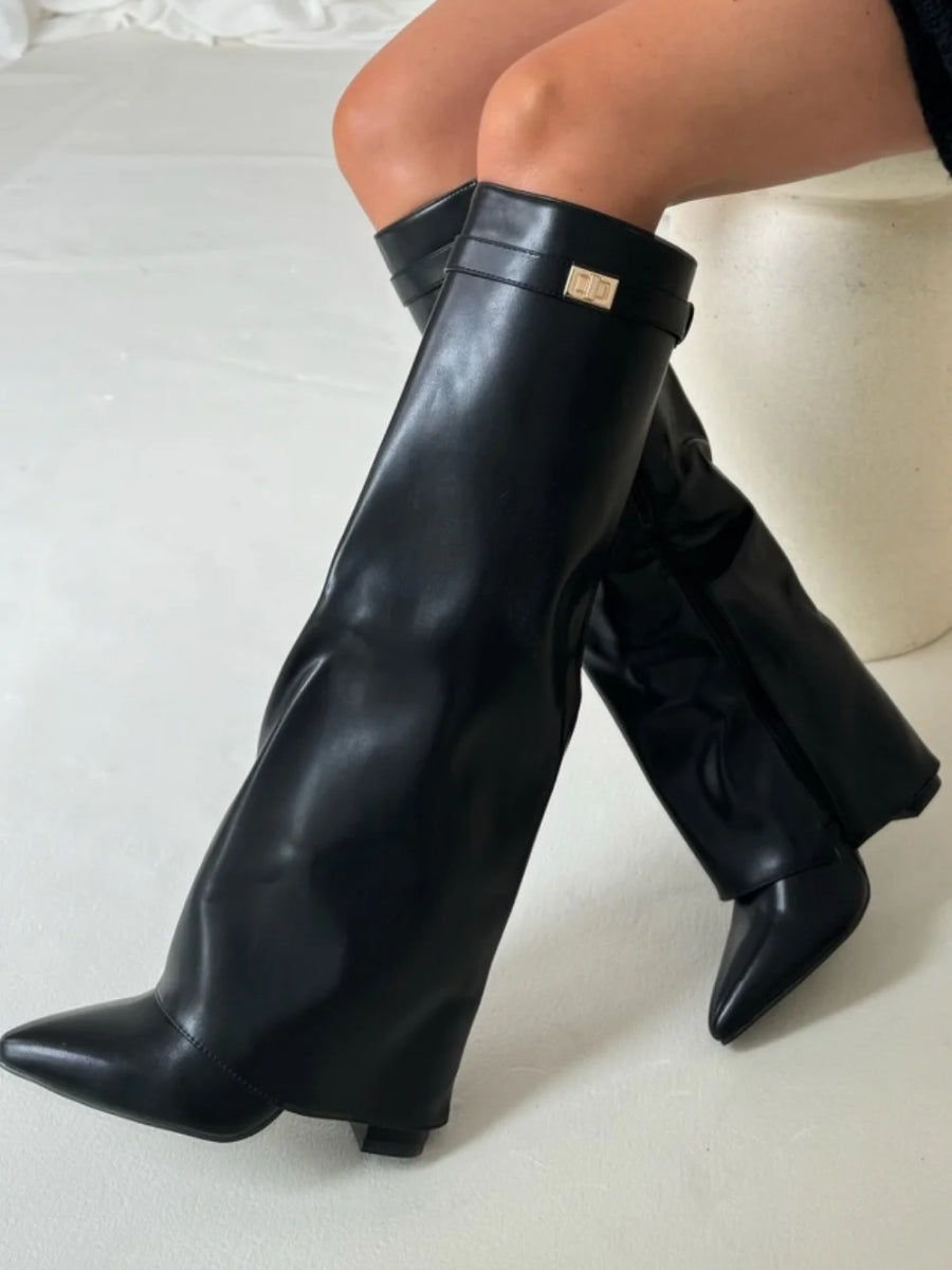 Thigh High Leather Boots with Adjustable Buckle and Block Heel, Cushioned Insole