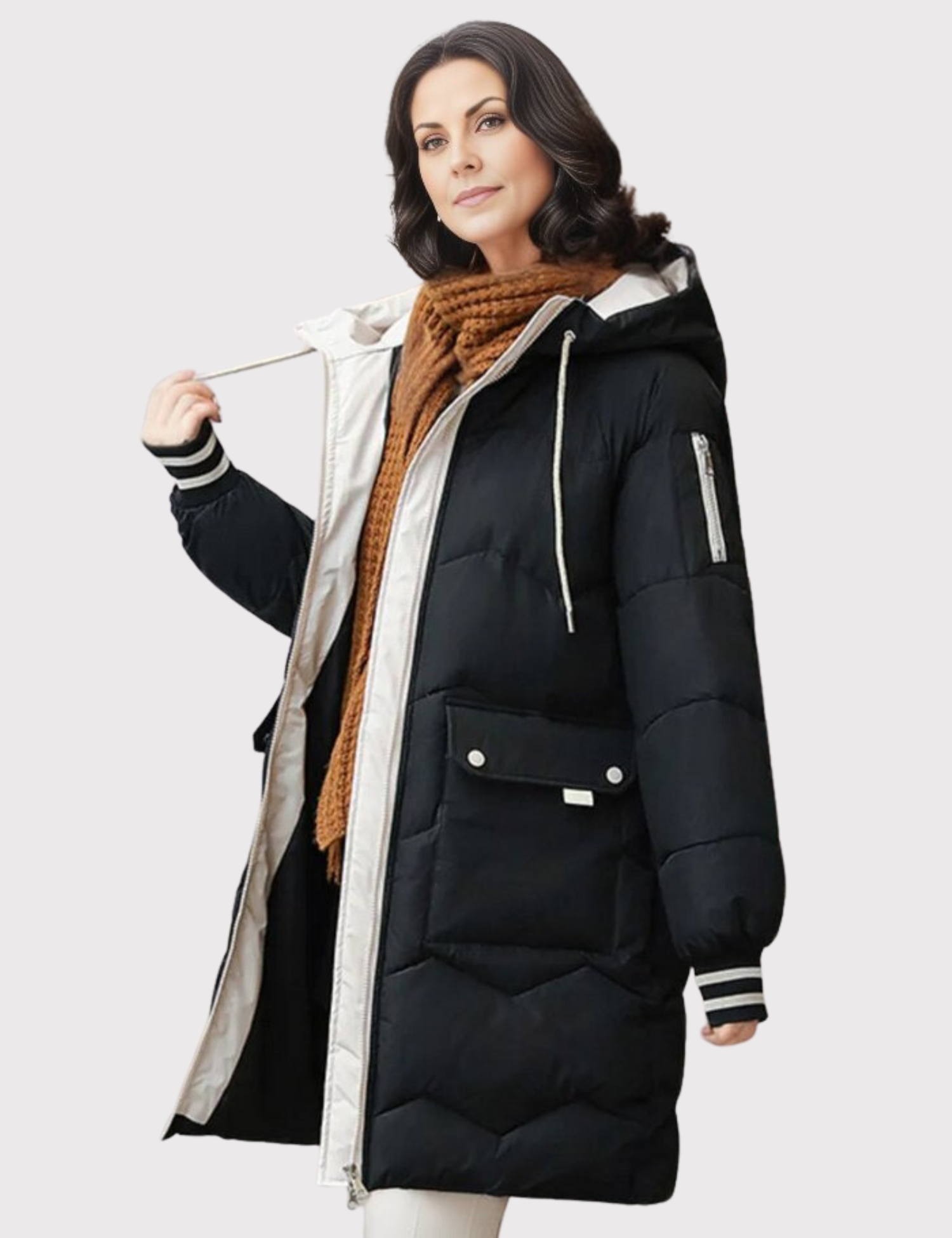 Women's Long Puffer Jacket with Attached Hood and Zippered Hand Pockets, Machine Washable