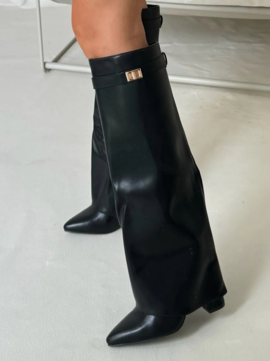 Thigh High Leather Boots with Adjustable Buckle and Block Heel, Cushioned Insole