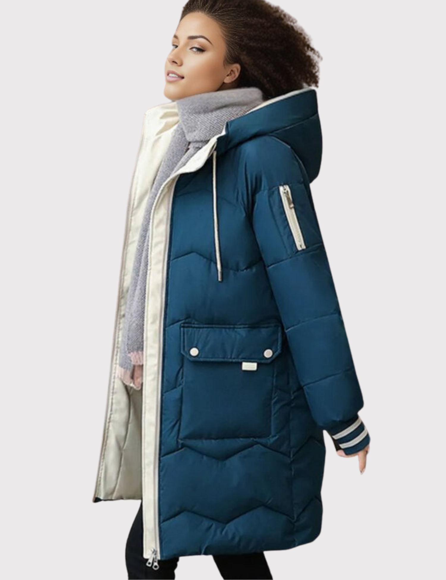 Women's Long Puffer Jacket with Attached Hood and Zippered Hand Pockets, Machine Washable