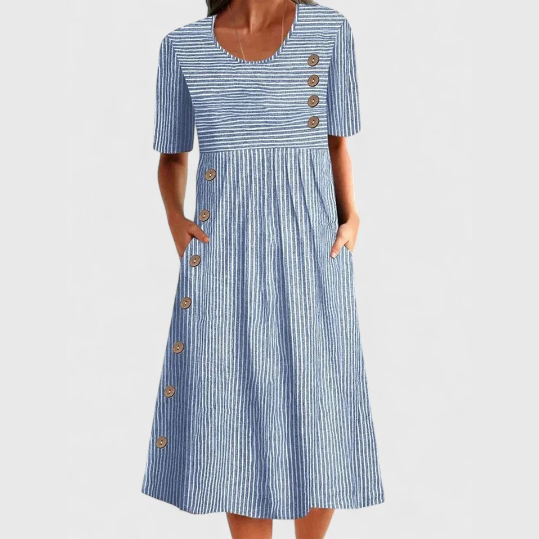 Striped Midi Dress with Three-Quarter Sleeves and Button Front