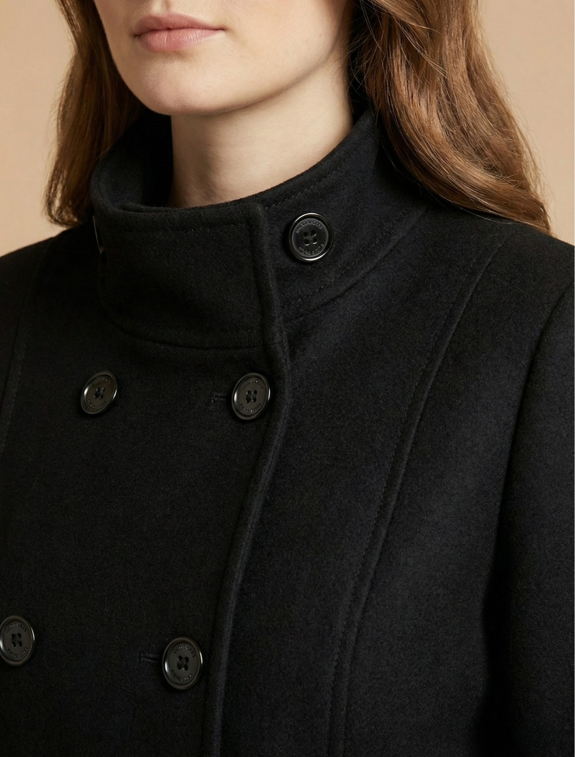 Women's Double-Breasted Coat with Classic Collar and Cuff Tabs, Mid-Length