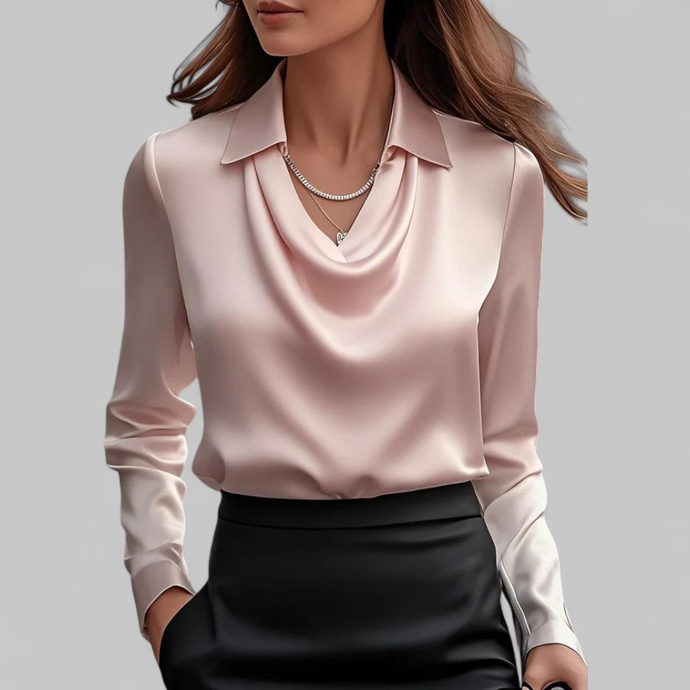 Women's Satin Blouse with Draped Neckline and Long Sleeves, Relaxed Tailored Fit
