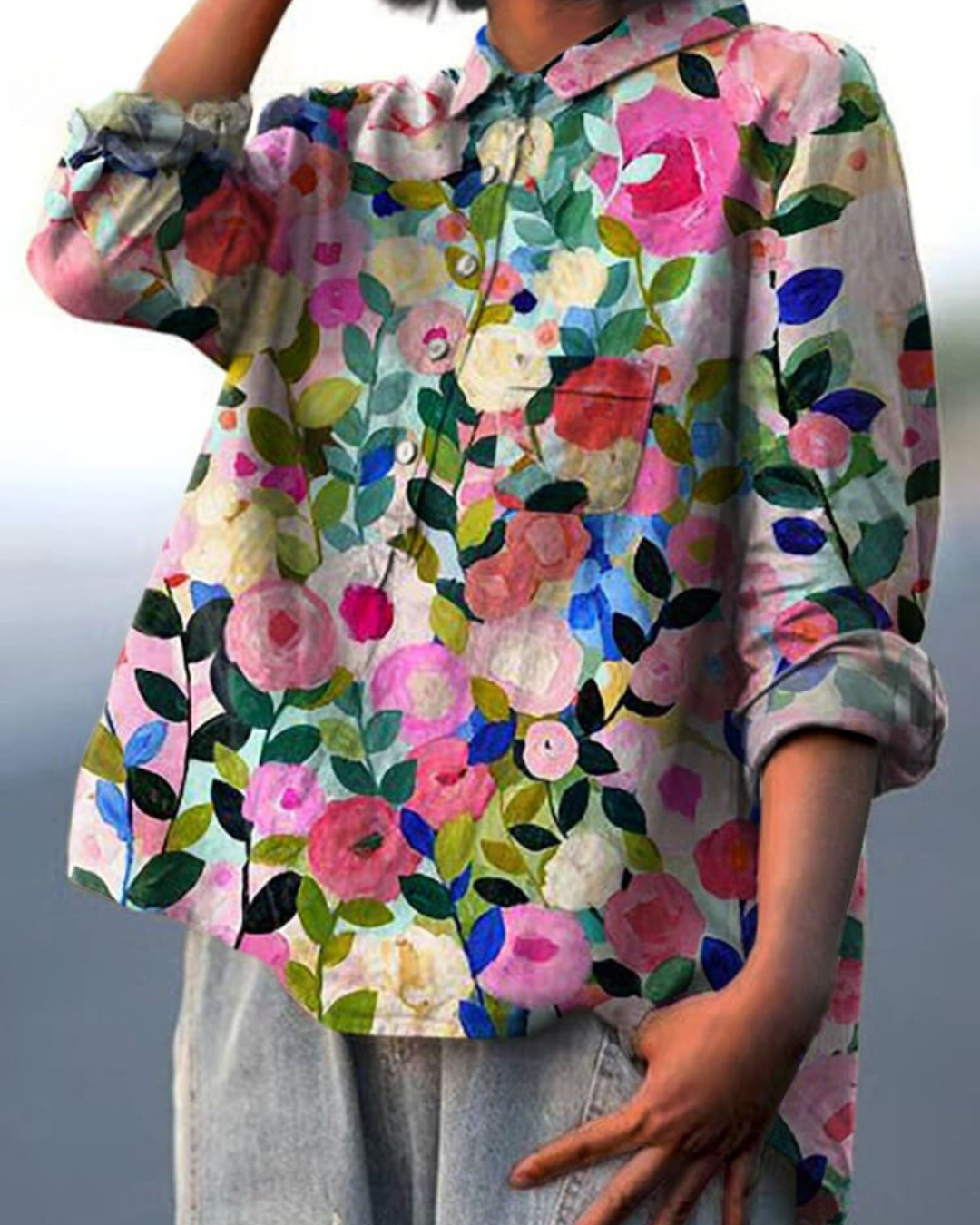 Women's Floral Blouse with Breathable Woven Fabric and Relaxed Fit, Long Sleeve