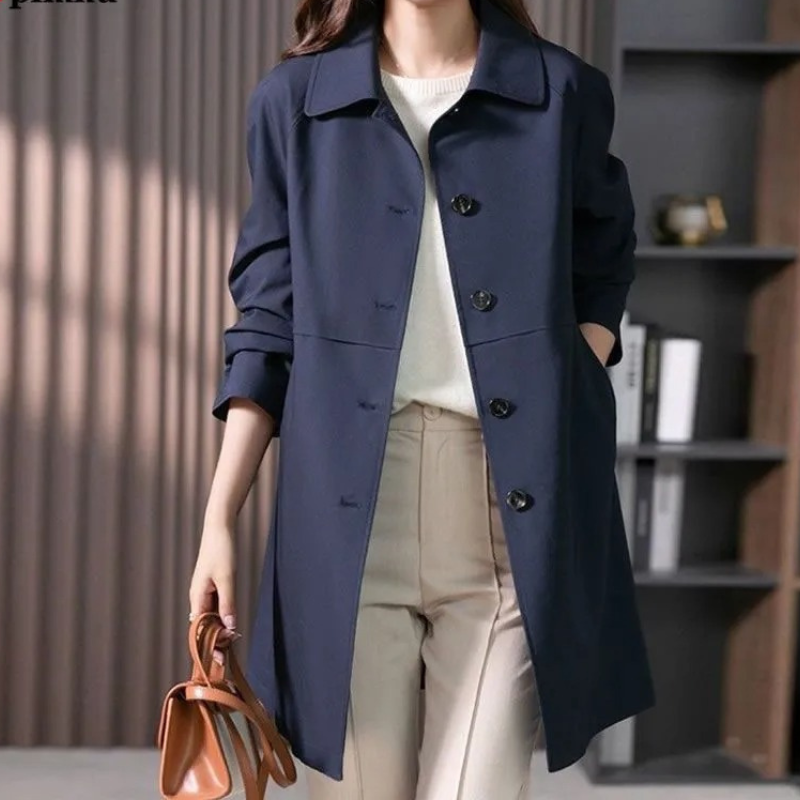 Women's Longline Trench Coat with Button Front and Structured Notch Collar, Lightweight