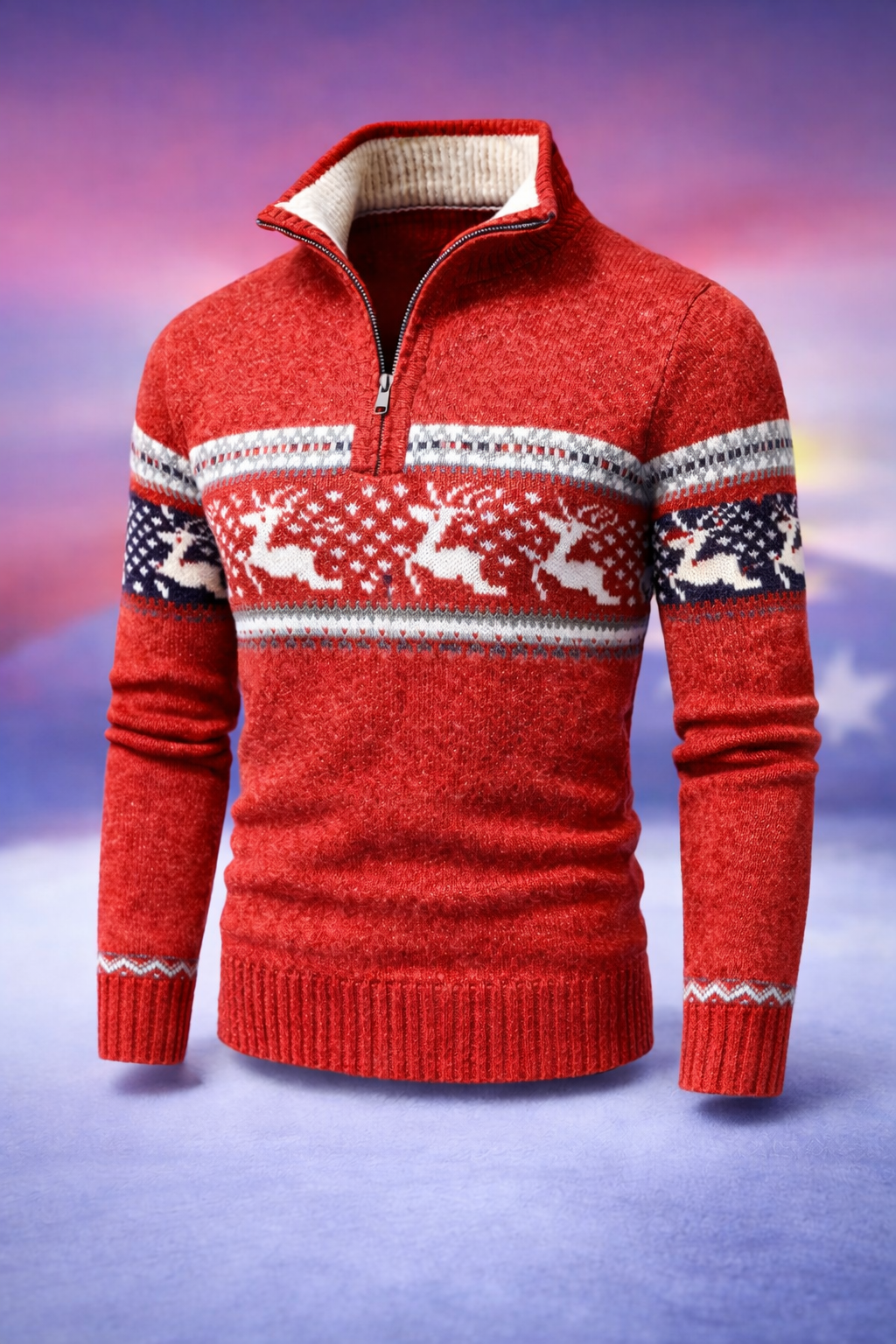 Men's Fair Isle Sweater with Half-Zip Stand Collar and Ribbed Knit, Long Sleeve