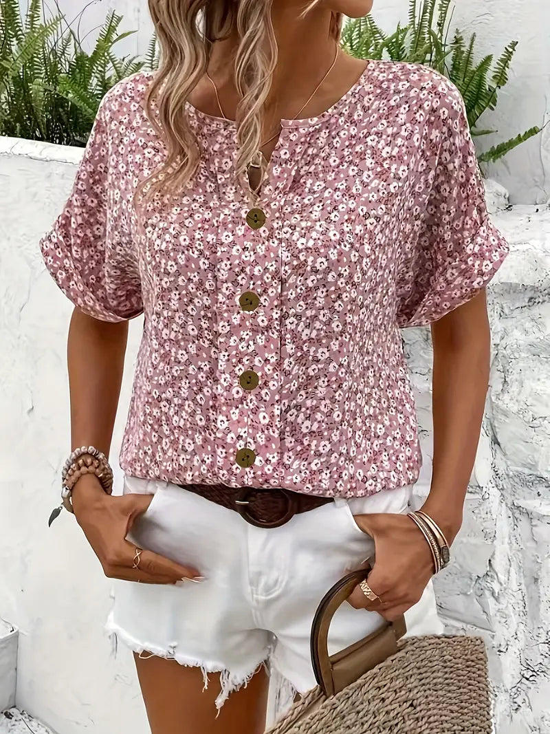 Women's Floral Blouse with Button Front and Lightweight Fabric, Loose Fit