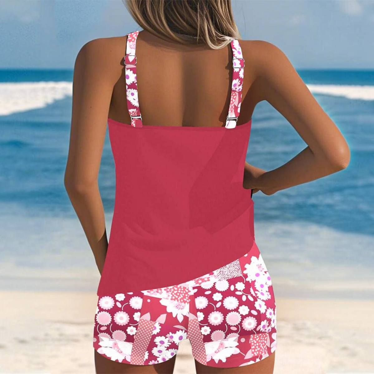 Tank-Style Swimsuit with Adjustable Straps and Floral Shorts