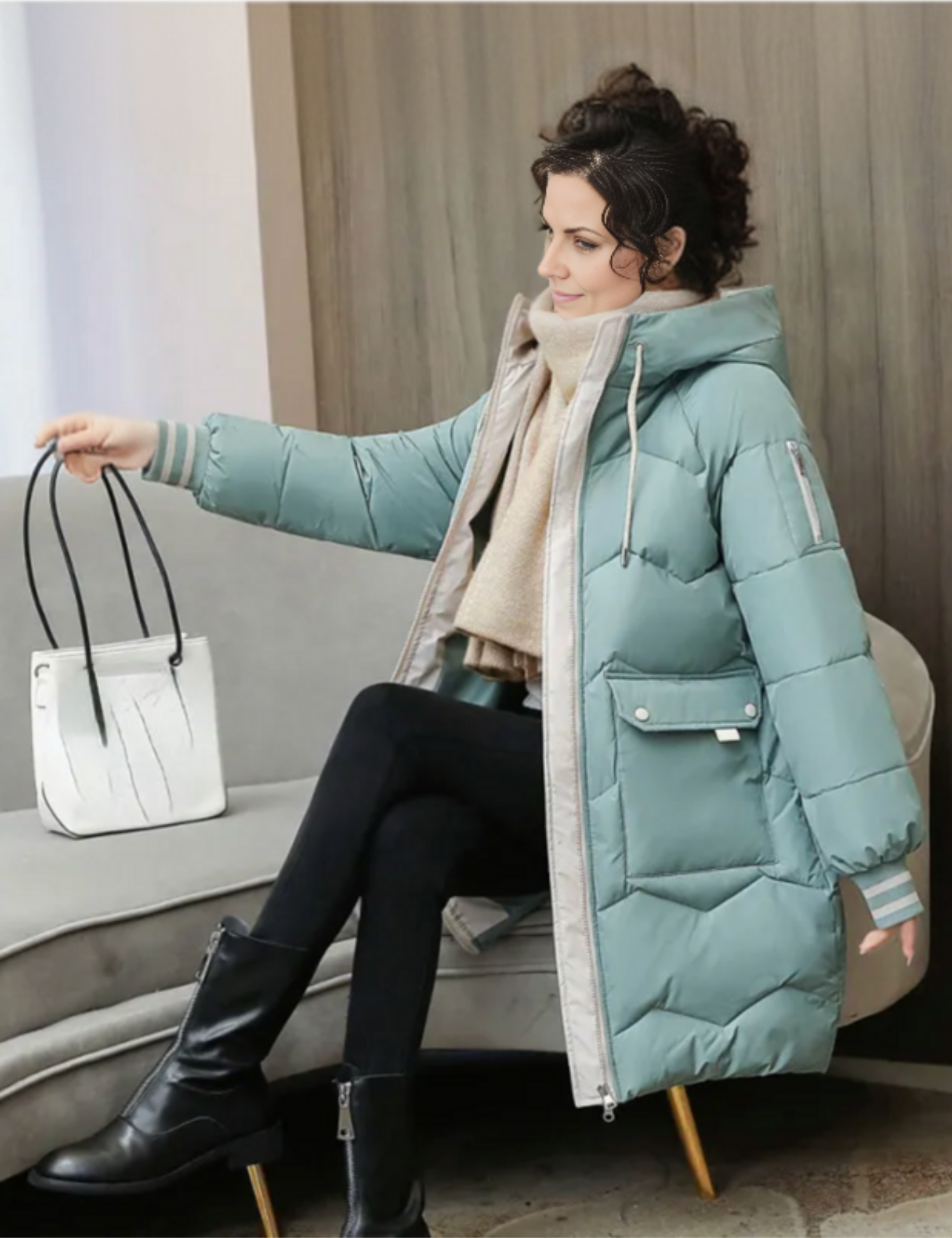 Women's Long Puffer Jacket with Attached Hood and Zippered Hand Pockets, Machine Washable