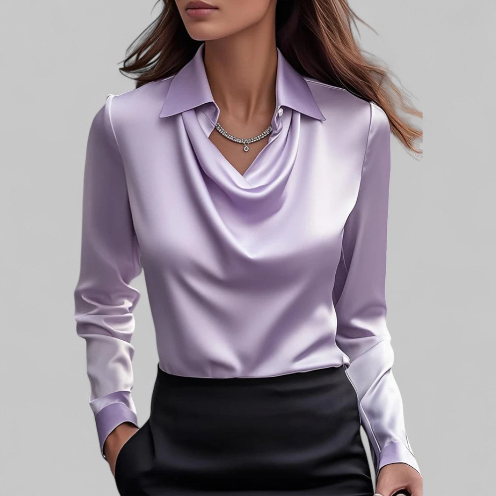 Women's Satin Blouse with Draped Neckline and Long Sleeves, Relaxed Tailored Fit