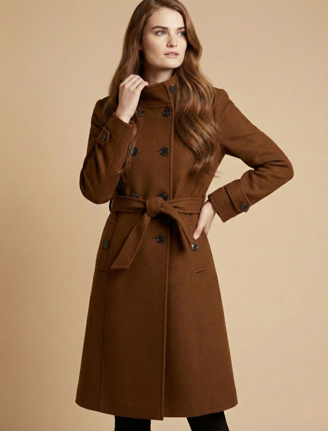 Women's Double-Breasted Coat with Classic Collar and Cuff Tabs, Mid-Length