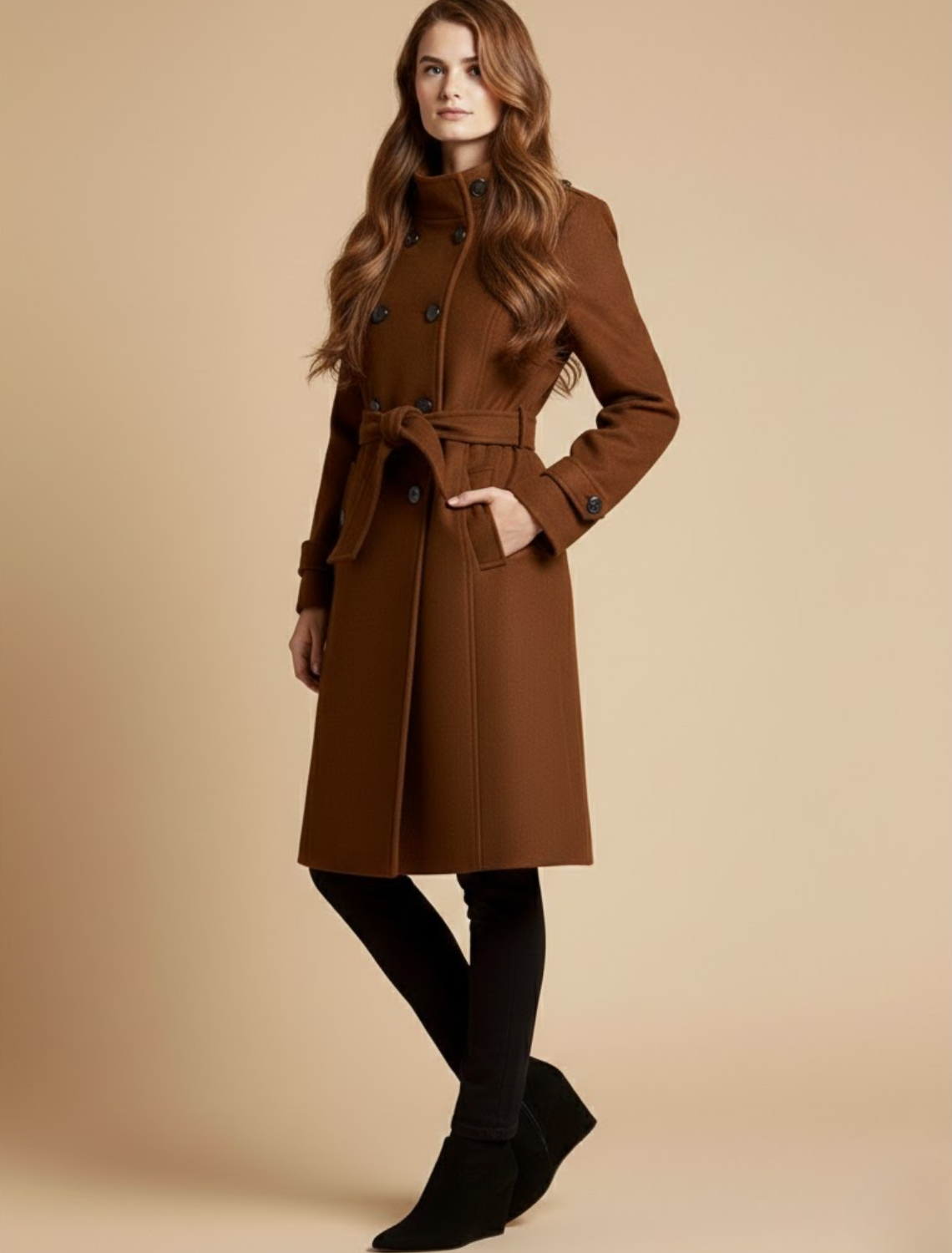 Women's Double-Breasted Coat with Classic Collar and Cuff Tabs, Mid-Length