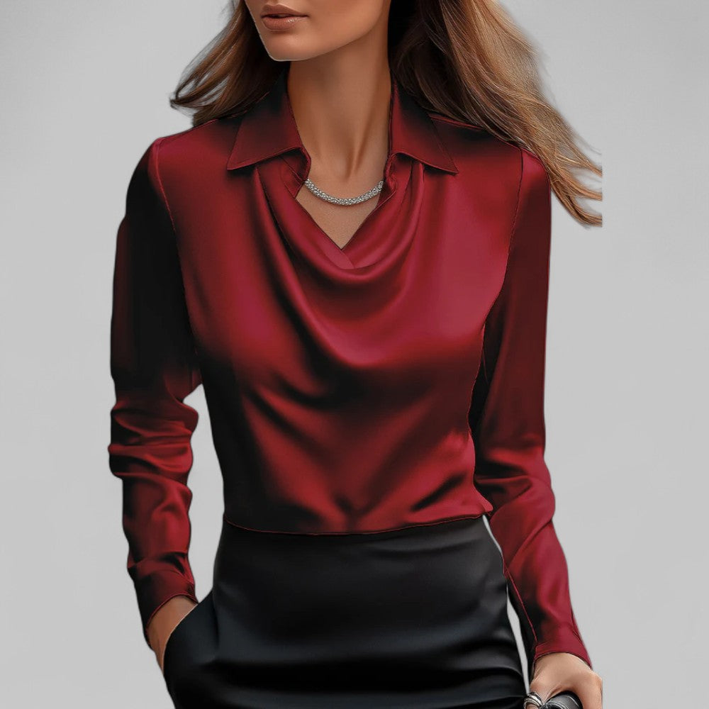 Women's Satin Blouse with Draped Neckline and Long Sleeves, Relaxed Tailored Fit