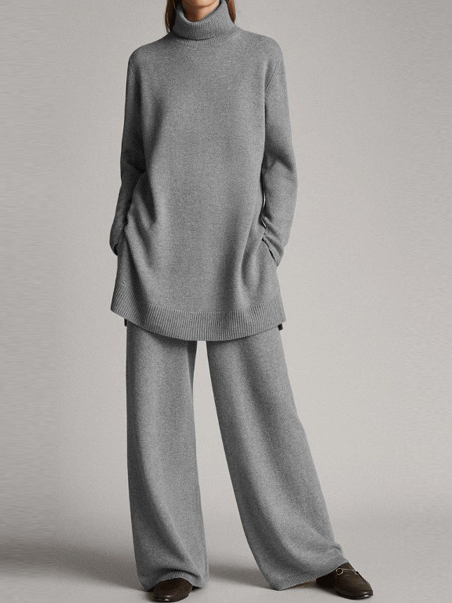 Women's Two-Piece Lounge Set with High Neck and Wide-Leg Pants, Relaxed Knit