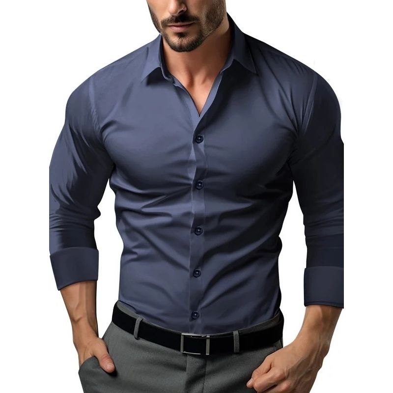 Mens Tapered Button-Up Shirt with Long Sleeves for Professional Wear
