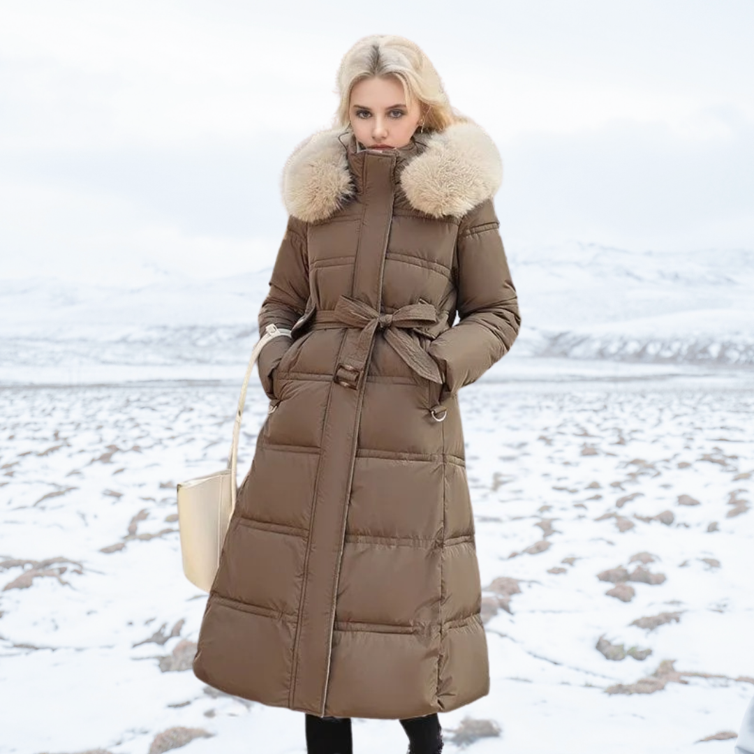 Women's Long Puffer Coat with High Collar and Quilted Fill, Full-Length Zipper