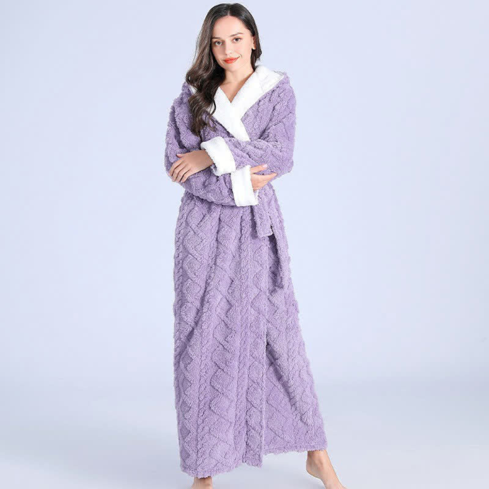 Women's Hooded Flannel Bathrobe with Plush Coral Fleece and Ankle-Length Coverage