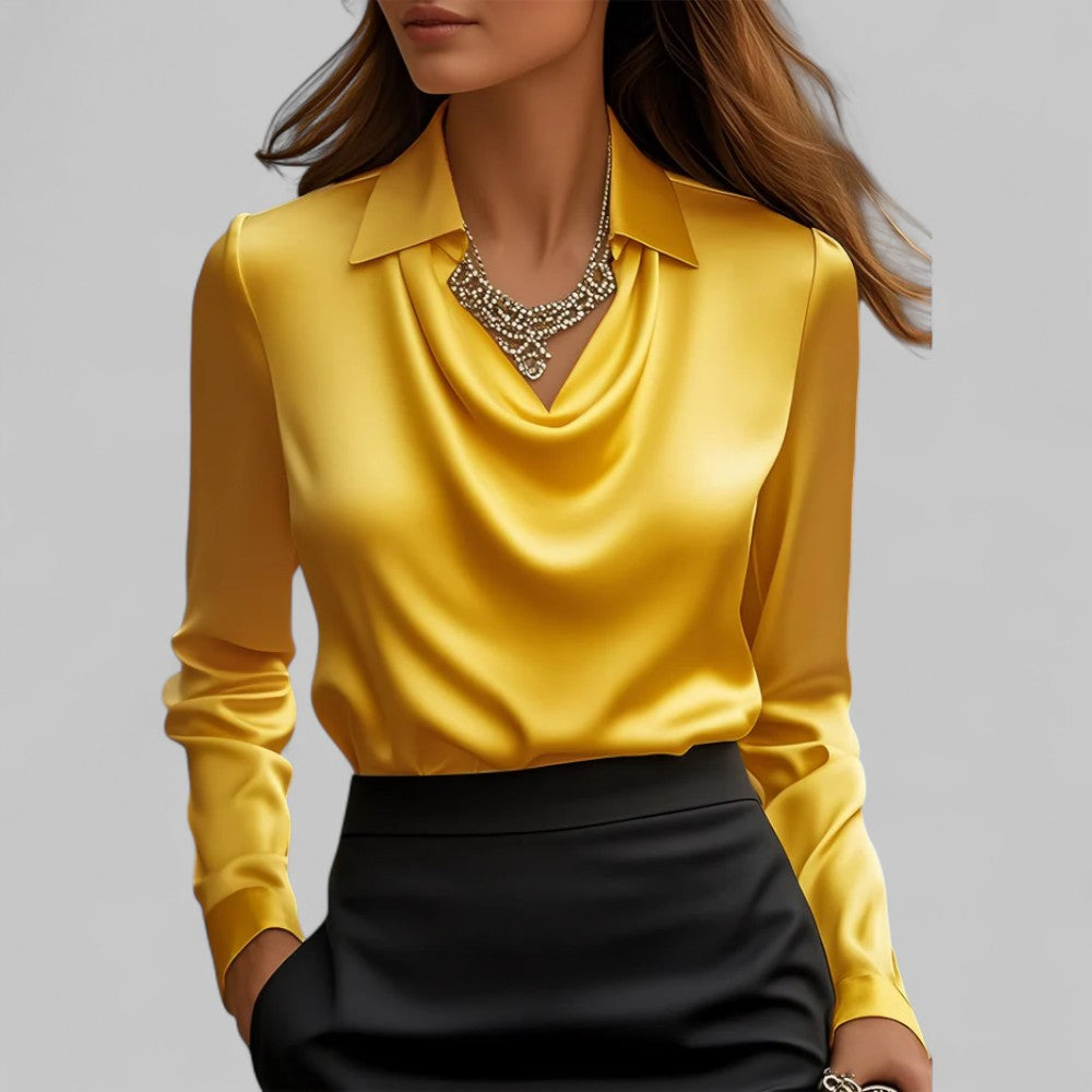 Women's Satin Blouse with Draped Neckline and Long Sleeves, Relaxed Tailored Fit