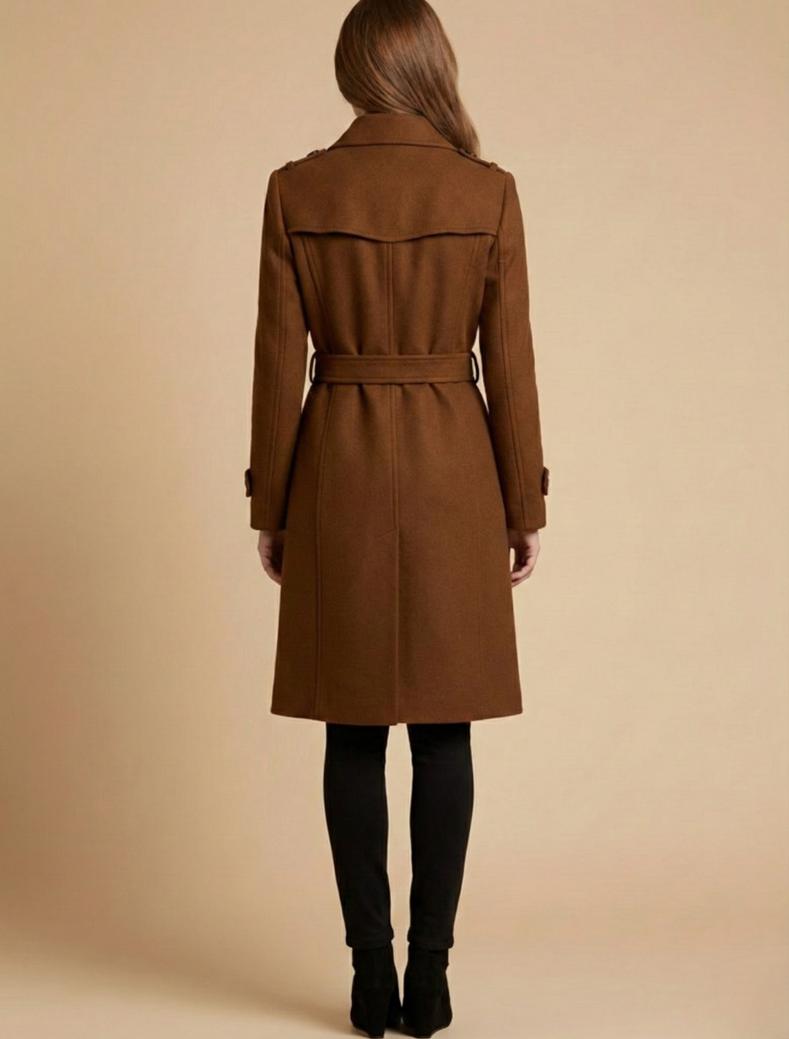 Women's Double-Breasted Coat with Classic Collar and Cuff Tabs, Mid-Length