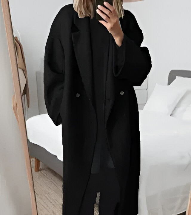 Women's Oversized Coat with Double-Breasted Buttons and Wool-Blend Lining, Relaxed Fit