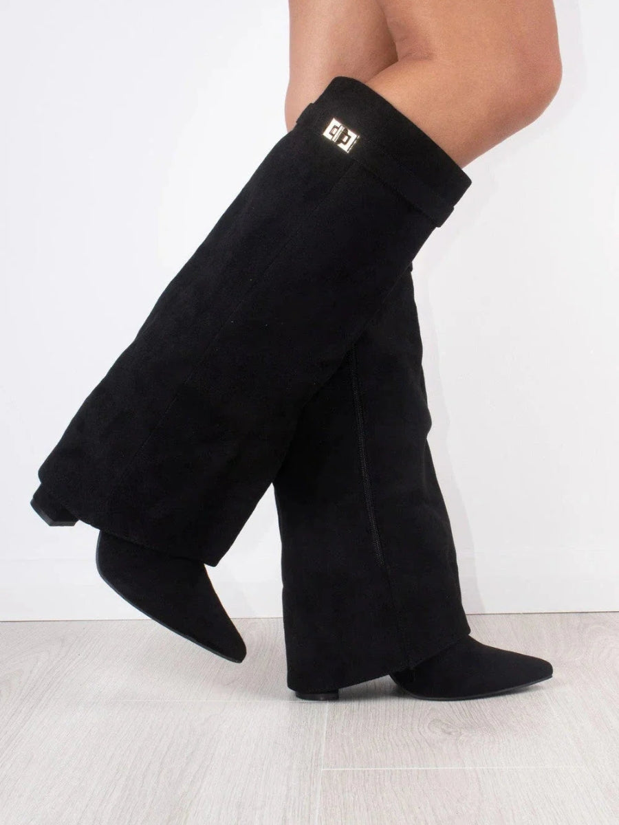 Thigh High Leather Boots with Adjustable Buckle and Block Heel, Cushioned Insole