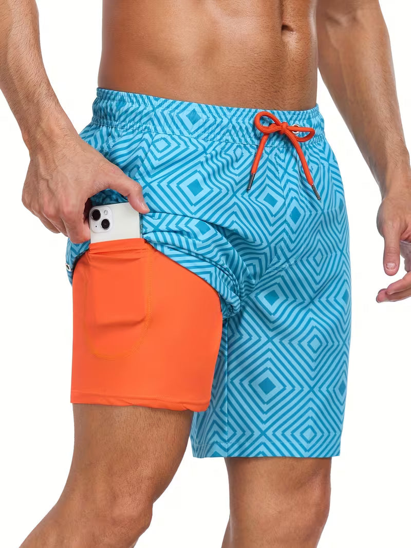 Men's Swim Shorts with Adjustable Drawstring Waist and Tropical Print, Quick-Dry Mid-Thigh