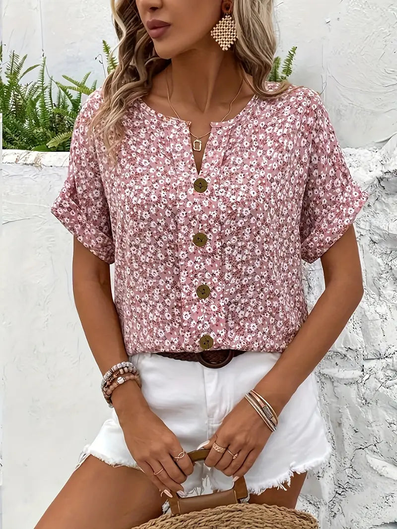 Women's Floral Blouse with Button Front and Lightweight Fabric, Loose Fit