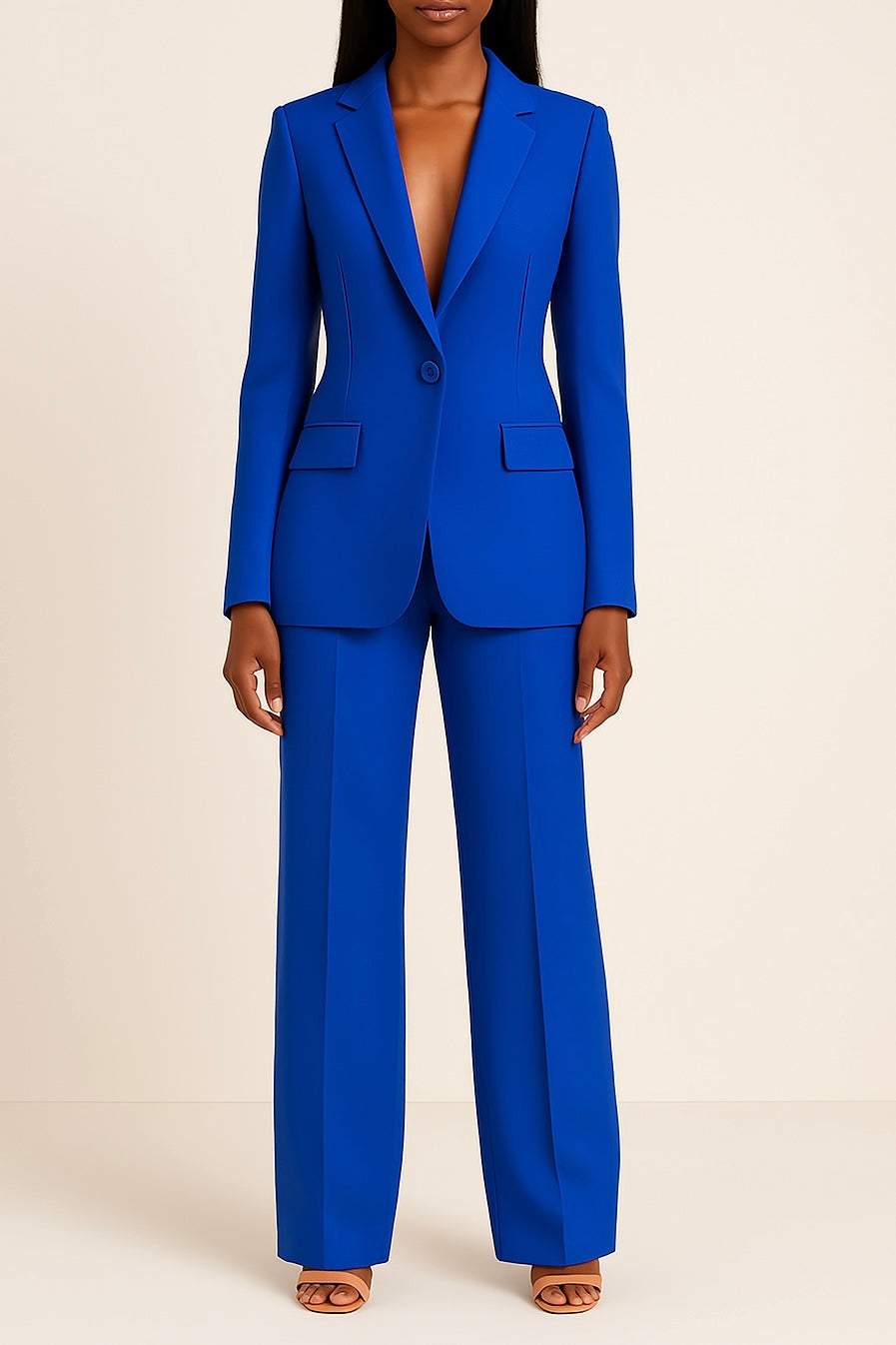 Women's Tailored Suit Set with Longline Blazer and Slim Trousers, Slight Stretch Fabric